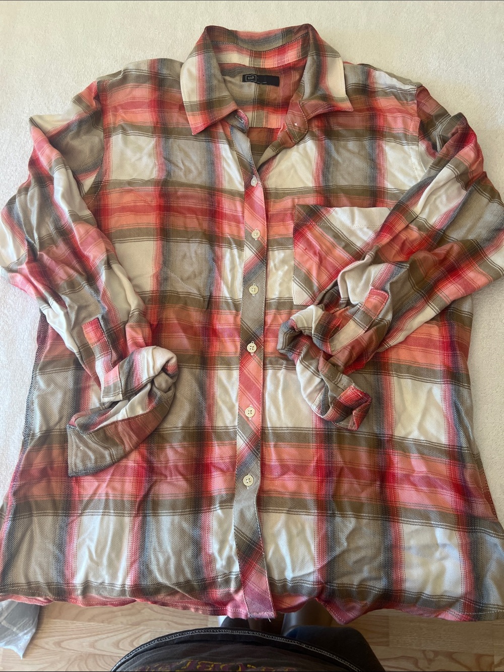 GAP Plaid Button-Up Shirt in Coral, Taupe & Cream